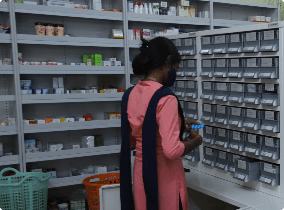 Modular pharmacy rack for medicine storage with adjustable shelves.