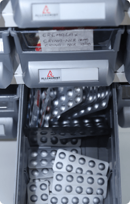 Modular pharmacy rack for medicine storage with adjustable shelves.