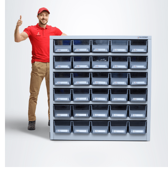 A man standing behind the Allchemist medical rack or medicine storage rack