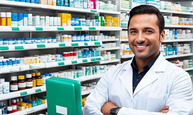 a happy staff standing infront of a modern pharmacy rack with medicines are properly arranged