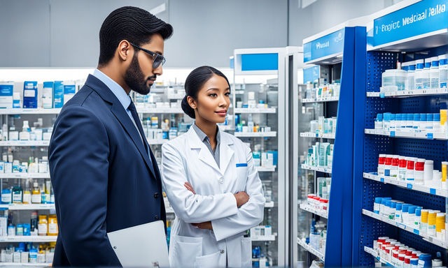 a pharmacist standing infront of a modern medical shop rack checking medicines
