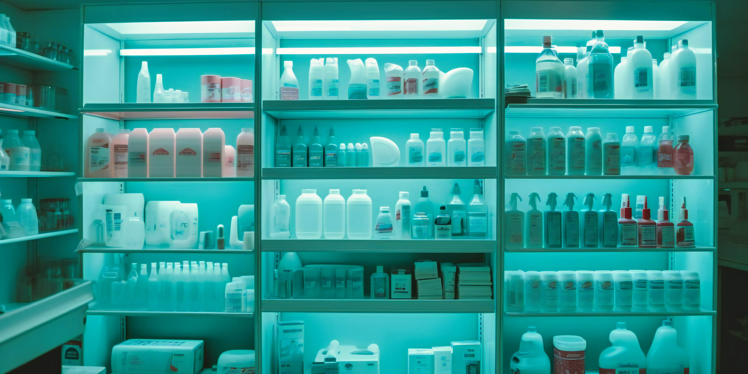 a shelf of medical products in a pharmacy